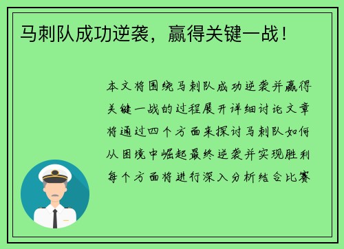 马刺队成功逆袭，赢得关键一战！