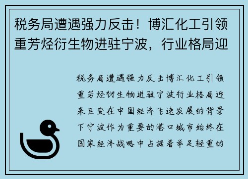 税务局遭遇强力反击！博汇化工引领重芳烃衍生物进驻宁波，行业格局迎来巨变