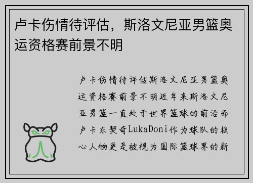 卢卡伤情待评估，斯洛文尼亚男篮奥运资格赛前景不明