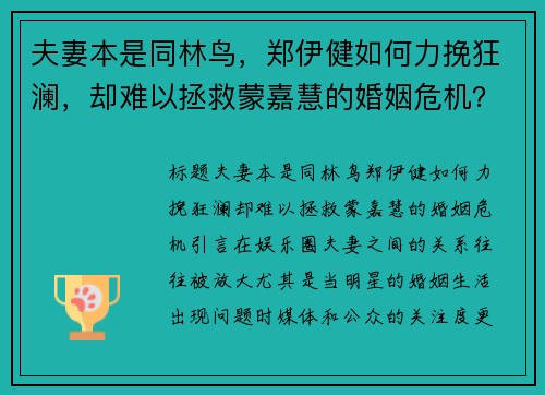 夫妻本是同林鸟，郑伊健如何力挽狂澜，却难以拯救蒙嘉慧的婚姻危机？